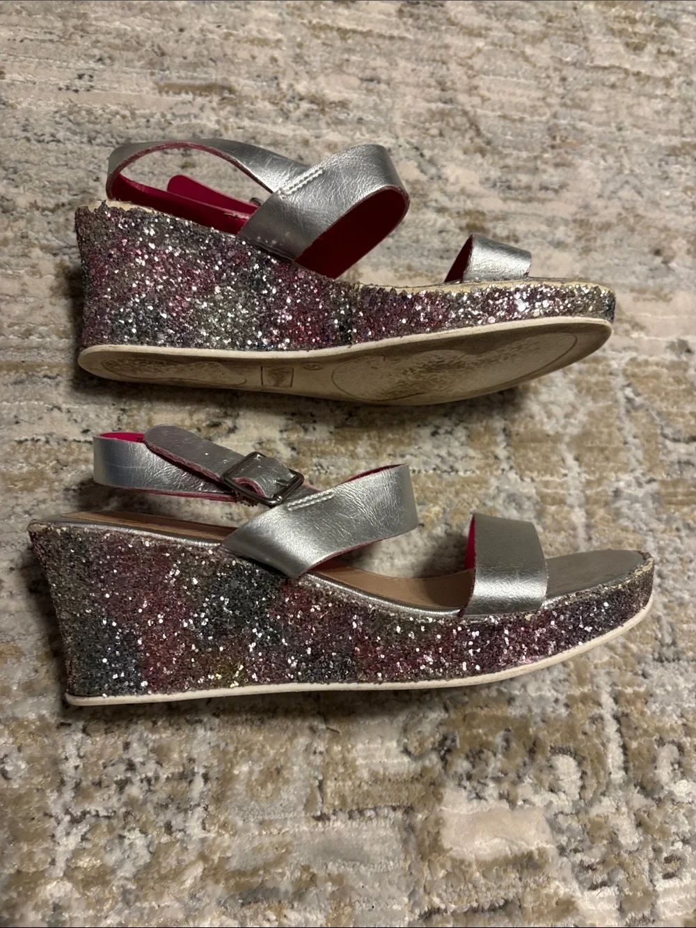 Self Esteem Silver Wedge Sandals with Pink-Accented Glitter Platform